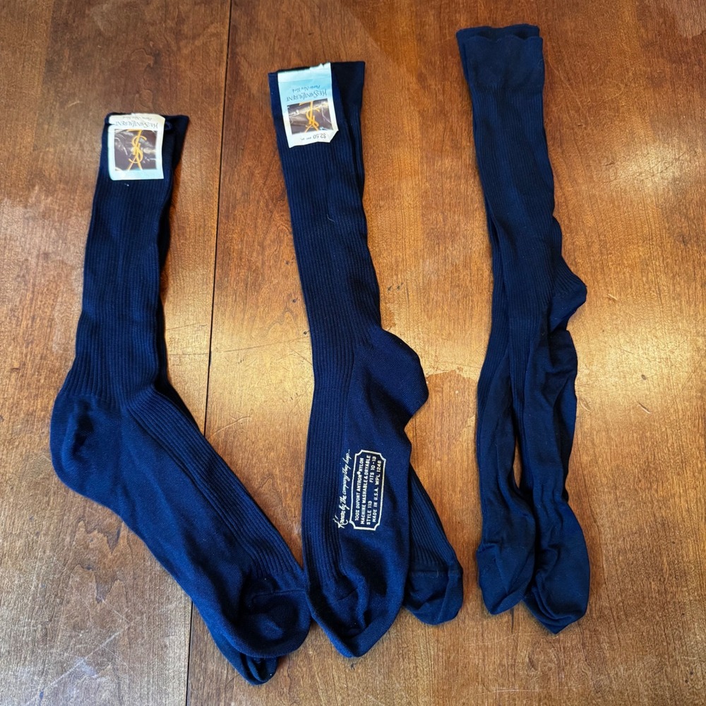 Yves Saint Laurent Socks Mens 10-13 Navy Blue Vintage Ribbed Dress Socks 3 Pairs